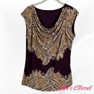 The Limited Women's Cowl Neck Sleeveless Top Sz M Burgundy Cream Mustard Paisley